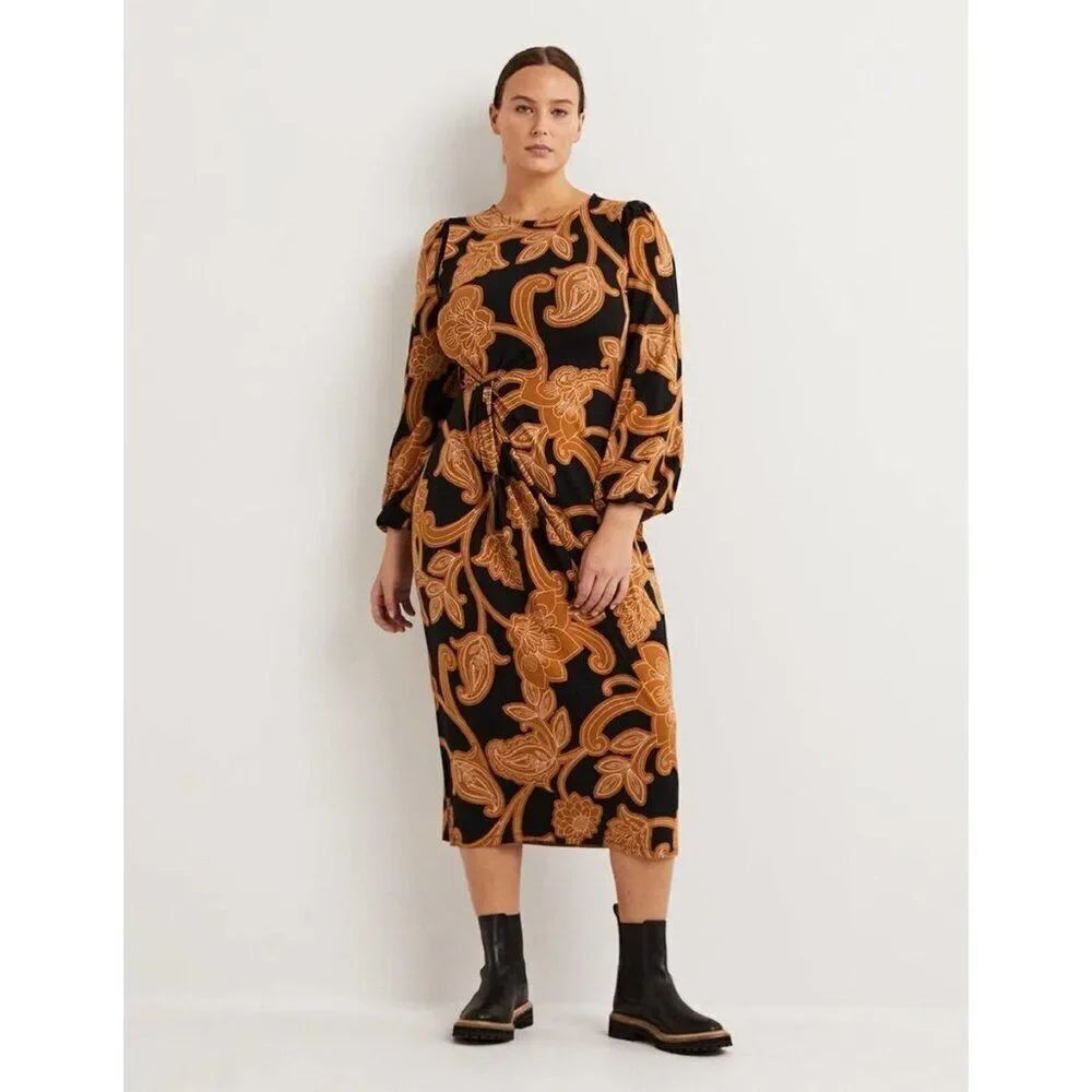 Boden Womens Midi Dress Butterscotch UK 10 US 6 Paisley Jersey Knot D0431 NWT